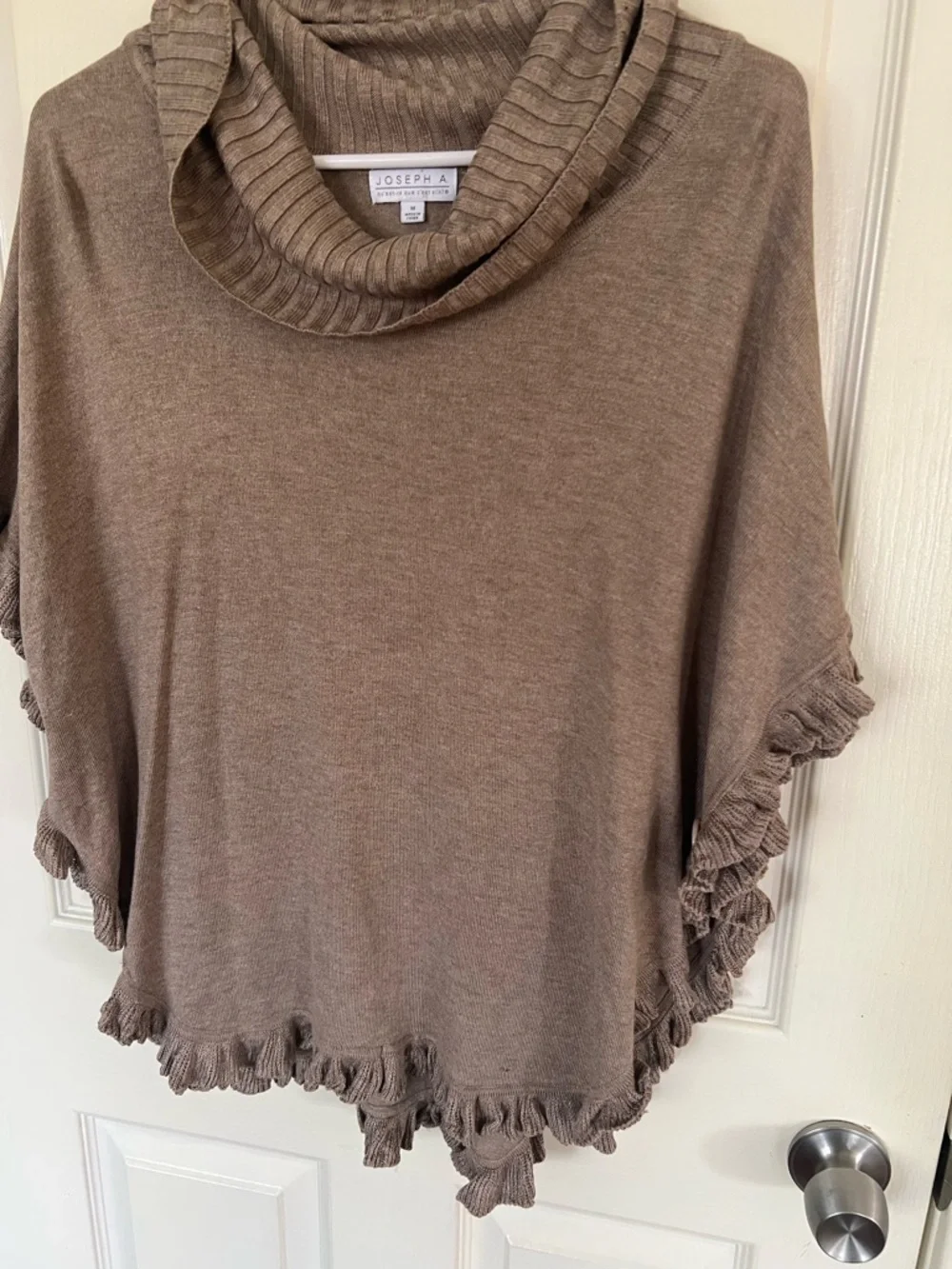 Joseph A Taupe Ruffle Poncho Sweater M Cowl Neck Knit Cape Style Top - Picture 7 of 11
